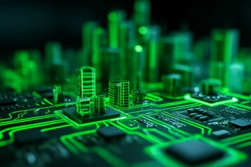 Futuristic cityscape with glowing green circuits and digital architecture representing technology and innovation in urban life