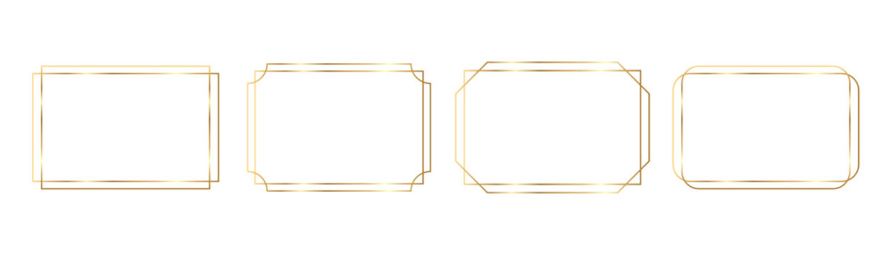 Set of golden frames. Linear decorative geometric collectible golden frames framed on transparent background, minimalism, thin lines, vector graphics.