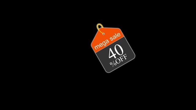 Sale tag banner hanging 4k animation 40% off or discount banner hd animation sale tag animation with alpha channels, and sale banner animation with space for text with black background