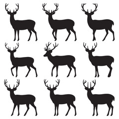 Stylized black and white deer silhouettes, vector illustration set