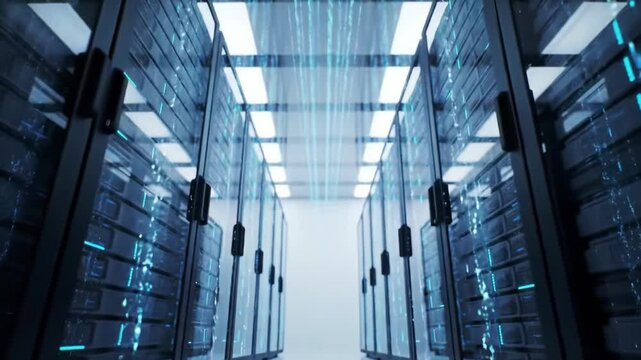 A tour inside a state-of-the-art data center showcasing high-performance servers and advanced digital systems. Discover the sleek design and innovative technology powering data storage.