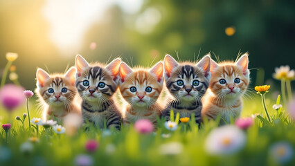 Fototapeta premium Five adorable kittens with blue eyes sit closely together in colorful flower field under warm sunlight, creating joyful scene