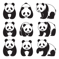 Obraz premium Black and white panda silhouettes in various poses, ideal for wildlife and animal