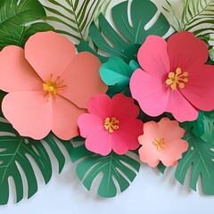 Handcrafted paper tropical flowers and leaves arrangement vibrant color scheme photo