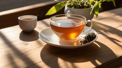 Obraz premium Japanese Green Tea in Glass Cup with Tea Leaves