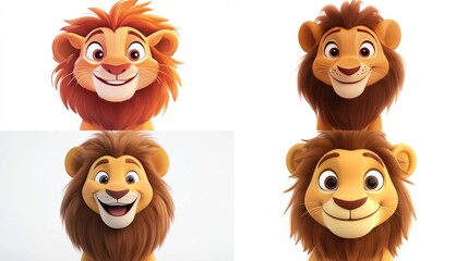 Four cheerful cartoon lion cubs with bright, smiling faces and fluffy manes