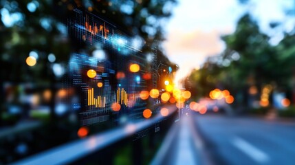 Abstract visualization of data analytics overlay on a blurred city street at sunset