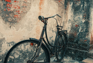 a black vintage bicycle parked in the corner of an old building