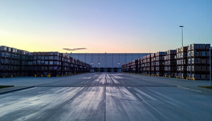 Obraz premium Vast Warehouse with Pallet Racking at Dusk in Empty Cargo Space