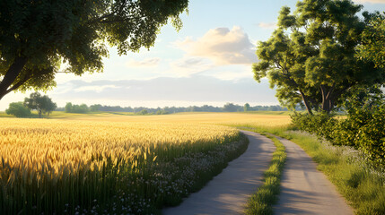 Fototapeta premium A wide view of endless rye fields. It is summer and golden hour. An old country road lined with old oak trees lined on one side on the right side. Photo realistic. 4K. Highly detailed.