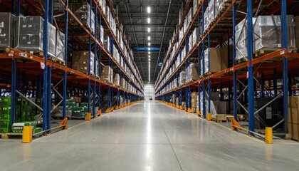 Fototapeta premium Vast Cargo Warehouse at Night with Flickering Lights and No People