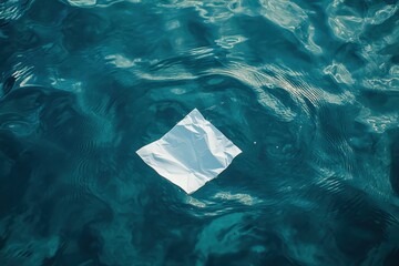 White crumpled paper floats atop the turquoise water. It shows pollution, litter, or lost notes concepts.
