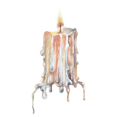 Burning candle hand drawn watercolor illustration isolated on white background. Dripping candle wax clipart for ritual, scary, holiday design, cards, wedding invitations, halloween, interior decor