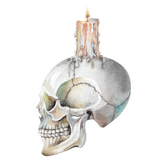 Human skull with burning candle on top hand drawn watercolor illustration. Dead head isolated on white element for festive halloween, scary, frightening, gothic design of card, invitations, tattoo