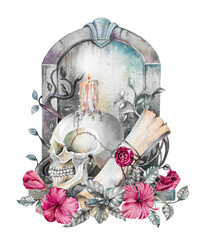 Antique tombstone with human skull, burning candle, paper scroll and dark pink hibiscus flowers hand drawn watercolor illustration isolated on white. vintage monument for funeral, halloween design