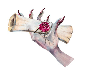 Witch hand holding antique paper scroll with red wax seal hand drawn watercolor illustration. Isolated on white background vintage scary element for design of holiday cards, invitations, halloween