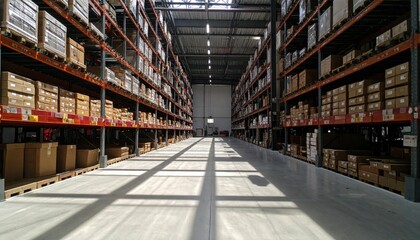 Vast Warehouse Interior with Shelving Units Casting Dramatic Shadows