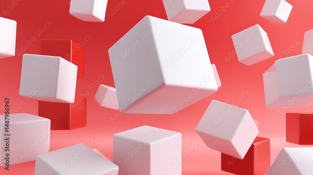 Fototapete Hyperrealistic 3D Render Floating White and Red Cubes on Coral Background