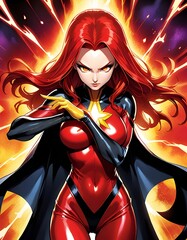 comic book art portrait of a super hero woman in a tight latex suit
