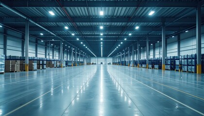 Fototapeta premium Vast Shipping Depot with Packing Stations Under Ambient Lighting