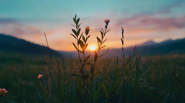 a wild Irish grassland at dawn, the sun slowly rising over misty hills and rugged moorlands, evoking a sense of awe and solitude, captured in documentary photography style, no people, raw untouched