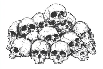 A collection of detailed human skulls, meticulously drawn.