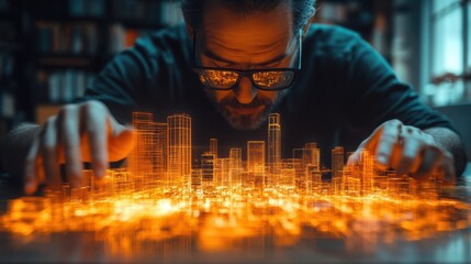 Man Examines Digital City Model with Augmented Reality Glasses