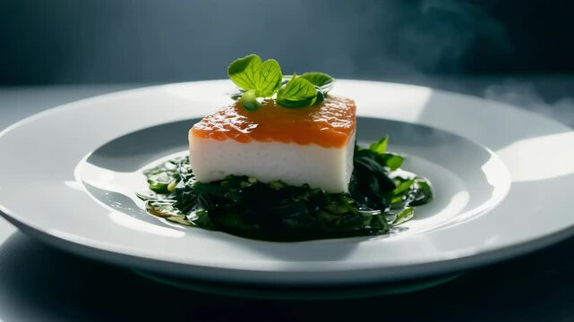 Gourmet salmon fillet with crisp crust served on bed of wilted spinach with steam rising from the hot dish. The perfectly cooked piece remains stationary as steam continues to waft upward.