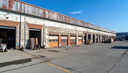 Weathered Warehouse Exterior with Sunlight and Empty Space
