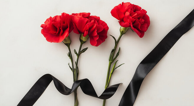 Dois cravos vermelhos com uma fita preta