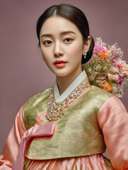 A beautiful Korean woman wearing a hanbok, a traditional Korean dress in pastel tones