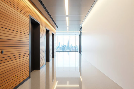 Bright modern office hallway with wooden panel elevator doors and large windows showing urban skyline in clean architectural background. Ai generative