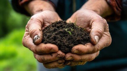 Hands holding rich, dark soil with small green sprouts, symbolizing growth and connection to nature.