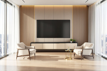 Contemporary living room with beige armchairs, large wall-mounted TV, wooden panels, bright windows, and elegant decor in modern architecture background. Ai generative
