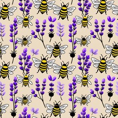 bees and lavender on beige background