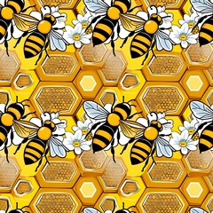 bees and honeycomb with flowers