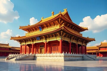 Fototapeta premium Gleaming golden temple roof, intricate details, Thai, sunlight