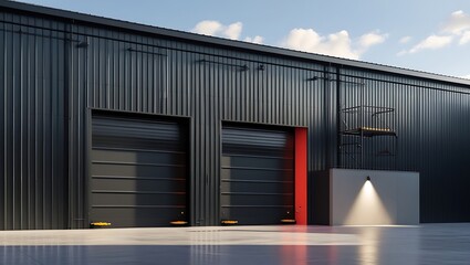 Fototapeta premium Modern black industrial building exterior with roller doors and bright architectural design