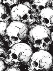 Detailed graphic pattern of numerous skulls in black and white.