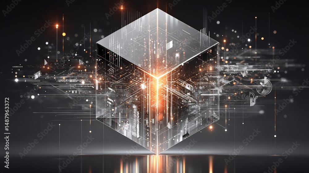 Poster abstract representation of interconnected systems within a central crystal cube