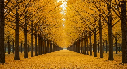 Fleecedeken met foto A breathtaking autumn scene featuring a symmetrical tree-lined path covered in golden yellow ginkgo leaves. The tall ginkgo trees form a natural archway overhead, with vibrant foliage creating © The Hyustock