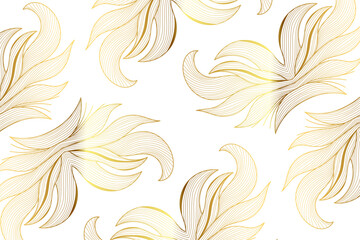 Elegant gold leaves line wave abstract pattern background. Vector luxury design background. Flow curve dynamic banner. Floral luxury frame