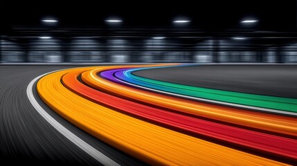 Fototapeta premium Colorful streaks of light create dynamic movement along the curved track photographed in a well-lit modern indoor environment emphasizing speed and energy in a vibrant raceway setting