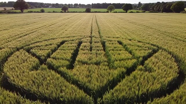 Mysterious crop circle in golden wheat field at dusk. Aerial view of intricate geometric pattern. Unexplained phenomenon, UFO conspiracy theory, and paranormal activity concept