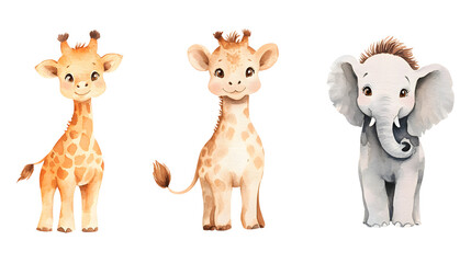 Fototapeta premium adorable baby animal illustration set, baby giraffe, lion, elephant, soft watercolor textures, pastel palette, transparent background