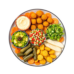 Greek-style assorted food platter featuring hummus, falafel, tabouli, baba ganoush, and dolmades, isolated on a transparent background.