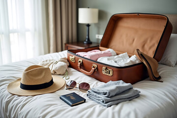 Travel suitcase and summer items on hotel bed
