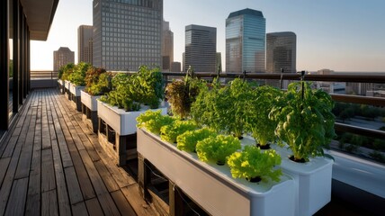 Fototapeta premium Urban rooftop garden with lush green vegetables growing in containers against a city skyline at sunset.