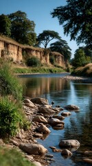 Serene natural river flowing through eroded cliff landscape