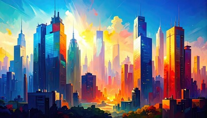 Vibrant Cityscape Under Clear Blue Sky with Bright Sunlight